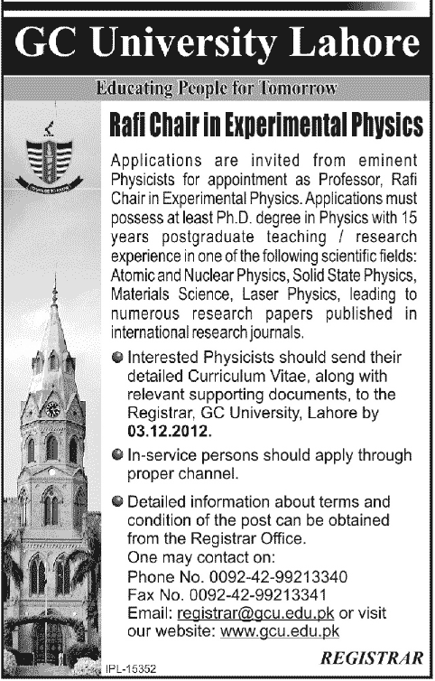 GCU Lahore Experimental Physics Professor Job