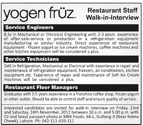 Yogen Fruz Jobs for Restaurant Managers, Service Engineers & Technicians