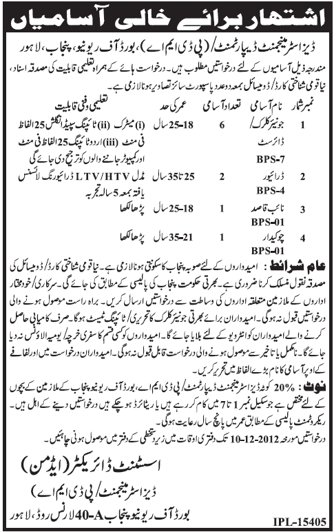 Disaster Management Department PDMA Jobs Board of Revenue Punjab Lahore