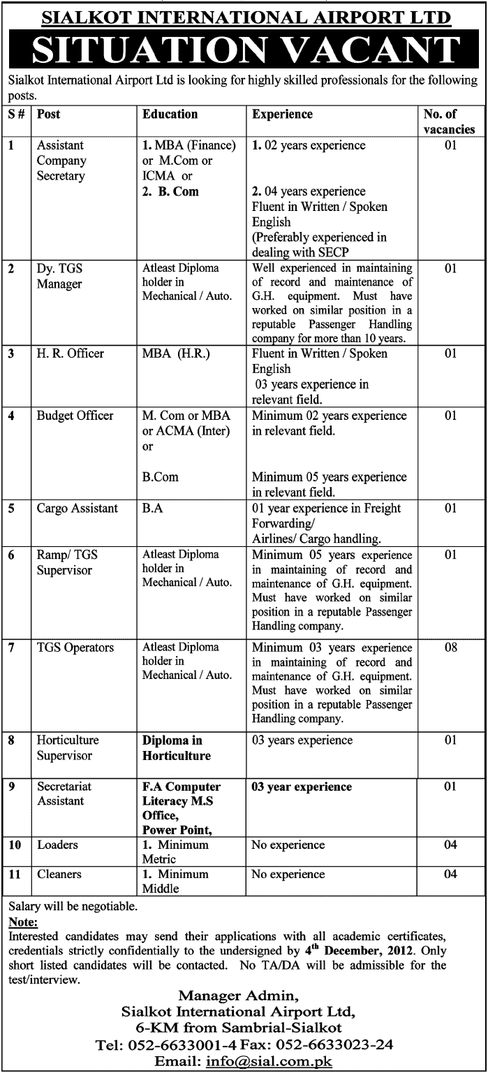 Sialkot International Airport Jobs 2012