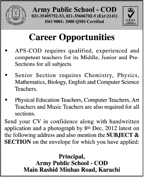 Army Public School COD Karachi Jobs 2012 for Teachers APS-COD