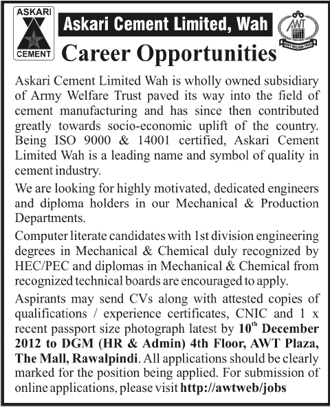 Askari Cement Wah Jobs 2012 November Training / Internships / Apprenticeships