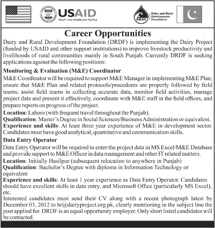 USAID Jobs 2012 November for Dairy Project of Dairy & Rural Development Foundation (DRDF)