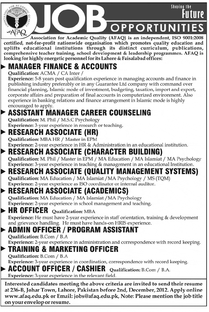 AFAQ NGO Jobs 2012 for Managers, Research Associates, HR, Admin, Accounts Officers