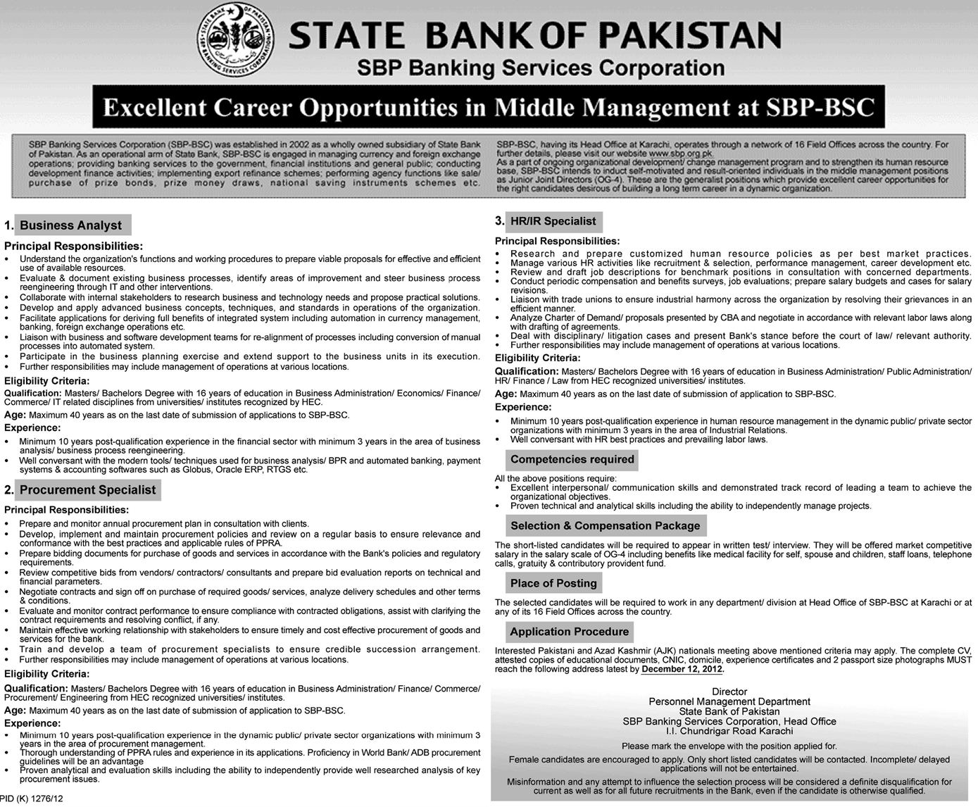 State Bank of Pakistan (SBP) Jobs November 2012 for Middle Management at SBP-BSC