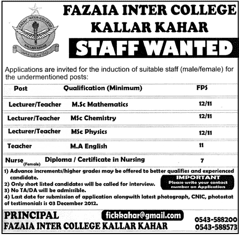 Fazaia Inter College Kallar Kahar Requires Lecturers/Teachers & Nurse