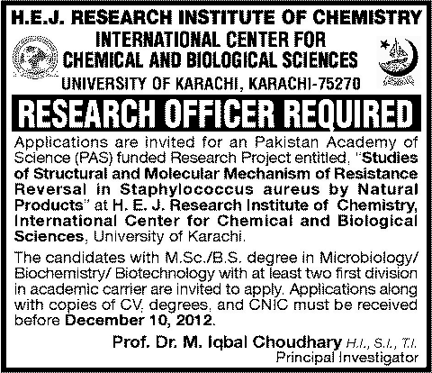 International Center for Chemical and Biological Sciences (ICCBS) Needs Research Officer