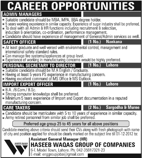 Haseeb Waqas Group of Companies Needs Managers, Officers & Staff