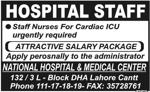 National Hospital & Medical Center Lahore Requires Staff Nurses