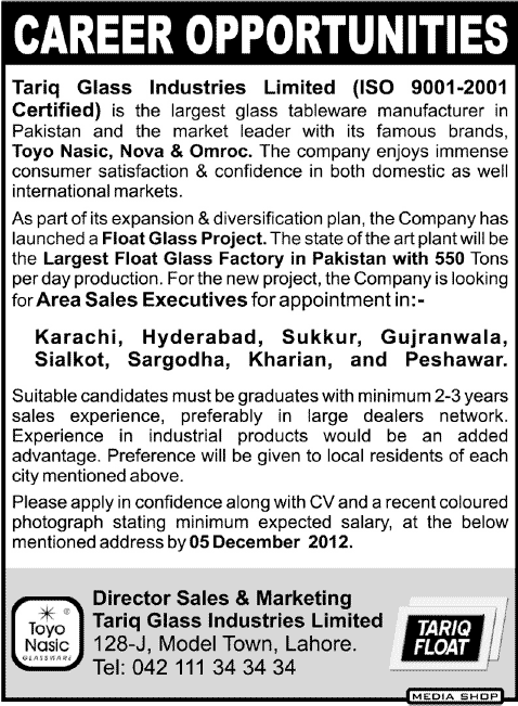 Tariq Glass Industries Limited Jobs for Area Sales Executives - Toyo Nasic Nova & Omroc