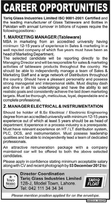 Tariq Glass Industries Limited Jobs 2012 for Managers
