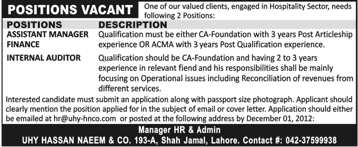 Assistant Manager Finance & Internal Auditor Jobs in Hospitality Sector