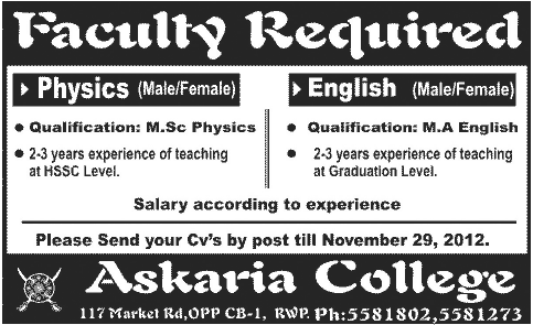 Askaria College Rawalpindi Requires Physics & English Teachers