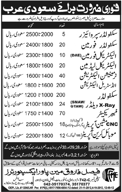 Faisal Farooq Manpower Exporters Require Construction Personnel for Saudi Arabia