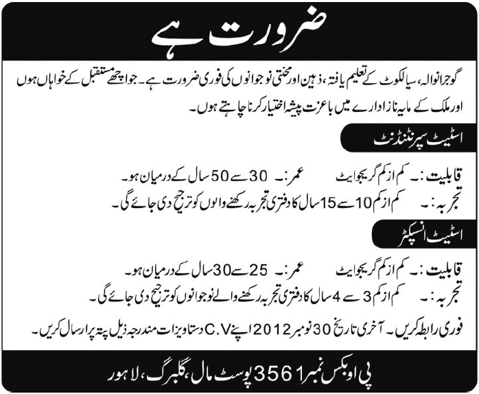 PO Box 3561 Post Mall, Gulberg, Lahore Jobs 2012