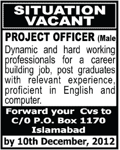 Project Officer Job at PO Box 1170 Islamabad