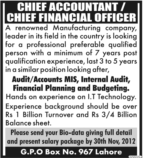 A Manufacturing Company Requires Chief Accountant / Chief Financial Officer