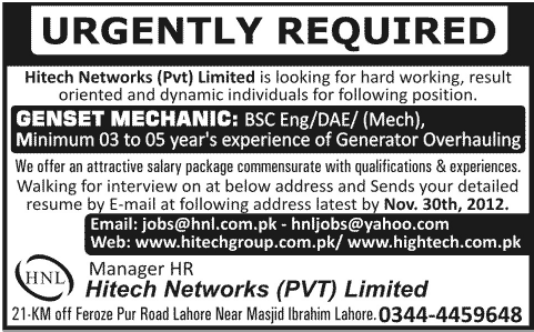 Hitech Networks (Pvt.) Limited Needs Genset Mechanic