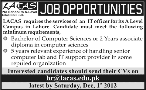 LACAS Lahore Needs an IT Officer