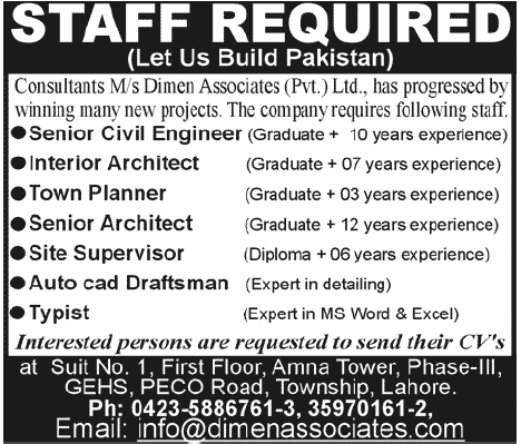Consultants Dimen Associates (Pvt.) Ltd. Jobs for Civil Engineering Staff