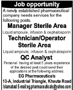 EG Pharmaceuticals Islamabad Requires Manager and Staff