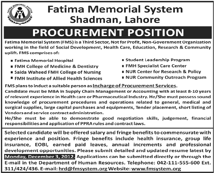 Fatima Memorial System (FMS) Lahore Requires Procurement Incharge