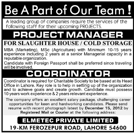 Elmetec Private Limited Requires Project Manager and Coordinator