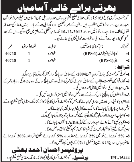 Government Degree College (Boys) Narang Mandi Sheikhupura Requires Lab Attendant & Mali