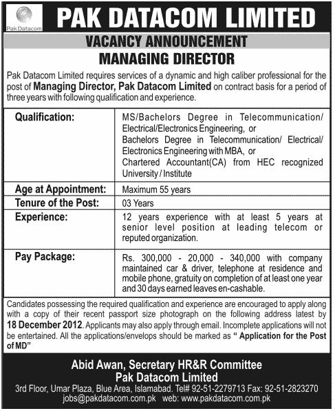 Pak Datacom Limited Needs Managing Director