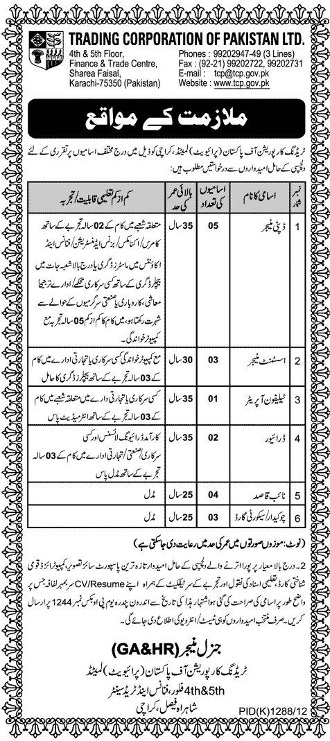 Trading Corporation of Pakistan (TCP) Ltd. Jobs 2012