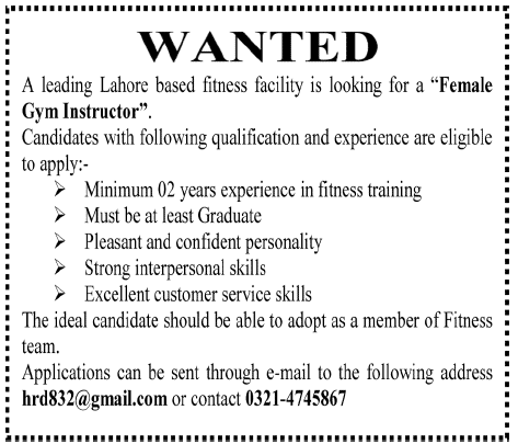 A Lahore Based Fitness Facility Requires Female Gym Instructor