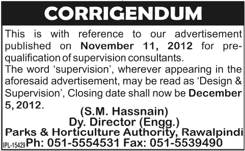 PHA (Parks & Horticulture Authority) Rawalpindi Requires Design & Supervision Consultants - Corrigendum