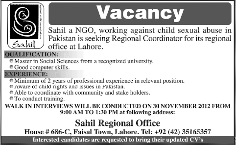 Sahil NGO Job for Regional Coordinator
