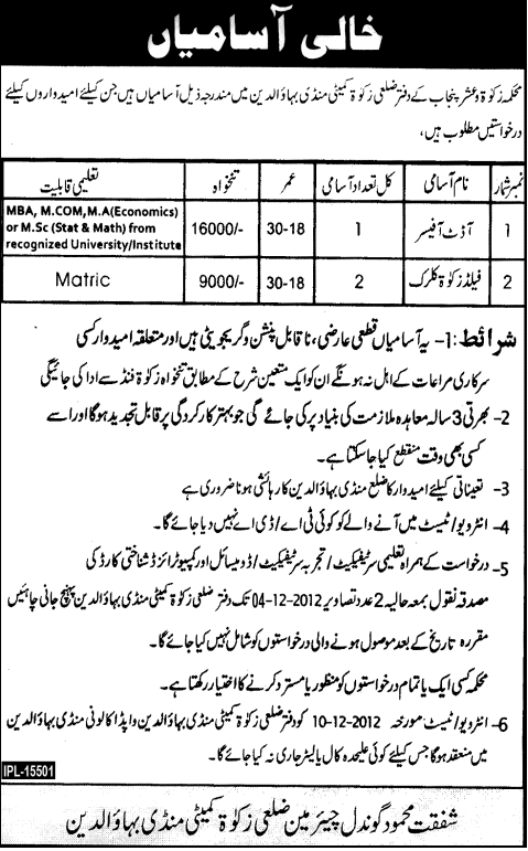 District Zakat Committee Mandi Bahauddin Requires Audit Officer & Field Zakat Clerk