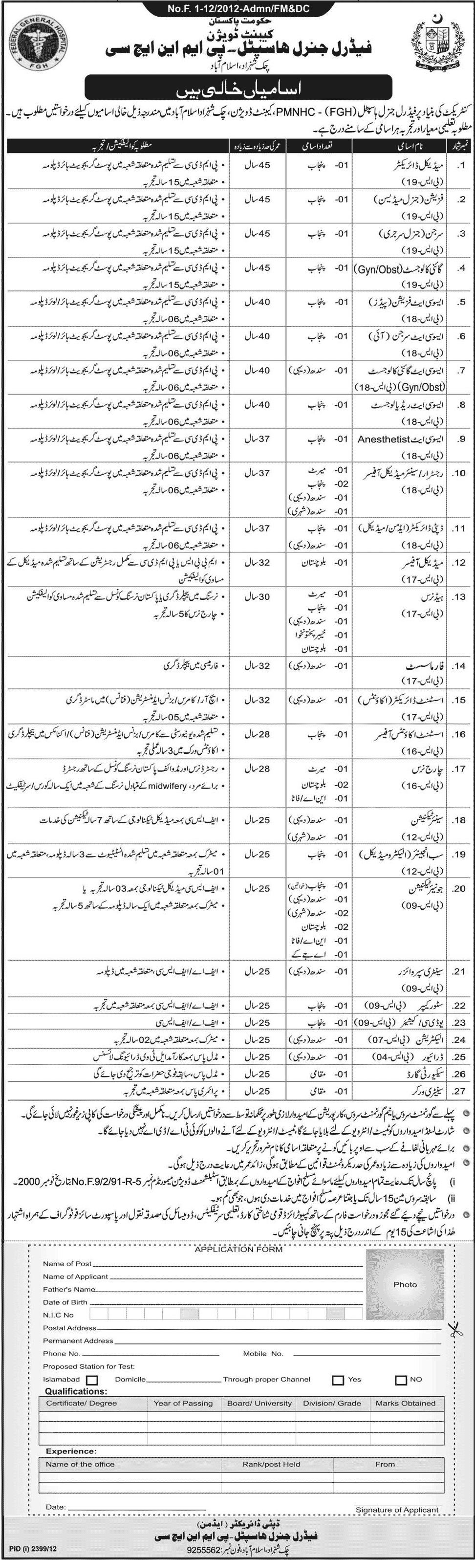 Federal General Hospital PMNHC Jobs 2012 Cabinet Division