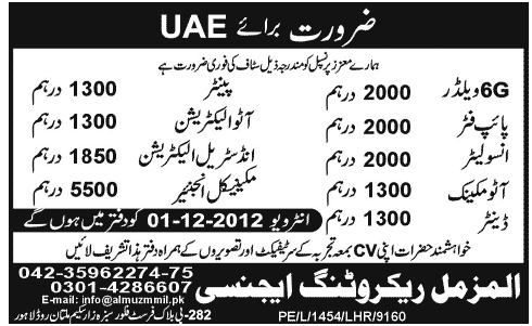 Jobs in UAE through Al Muzammil Recruiting Agency