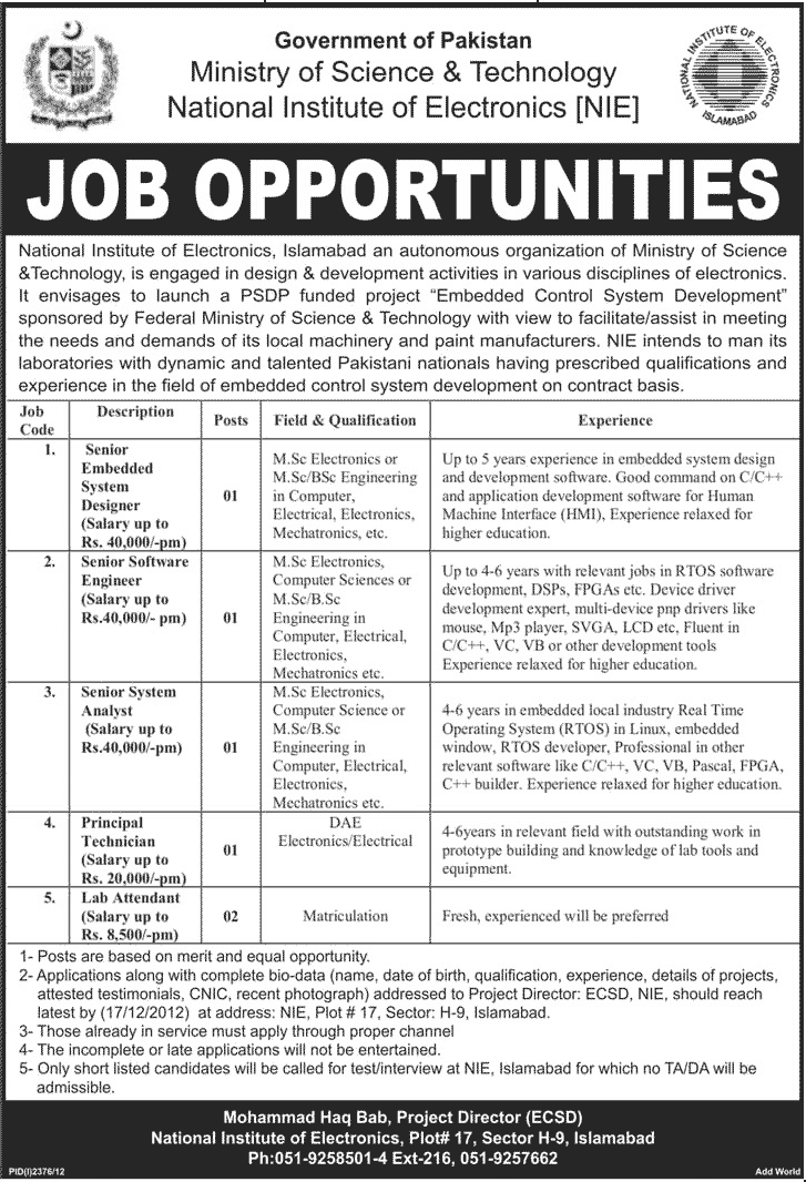 Jobs at NIE Islamabad National Institute of Electronics Ministry of Science & Technology