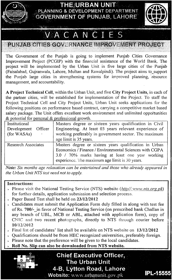 The Urban Unit Jobs Lahore 2012 for PCGIP P&D Punjab Government