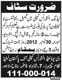 The United Insurance Company of Pakistan Ltd. Requires Receptionist / Telephone Operator