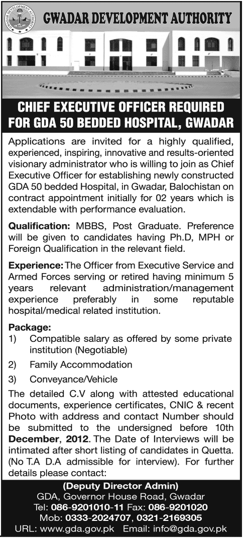 Gwadar Development Authority Job for CEO of GDA Hospital