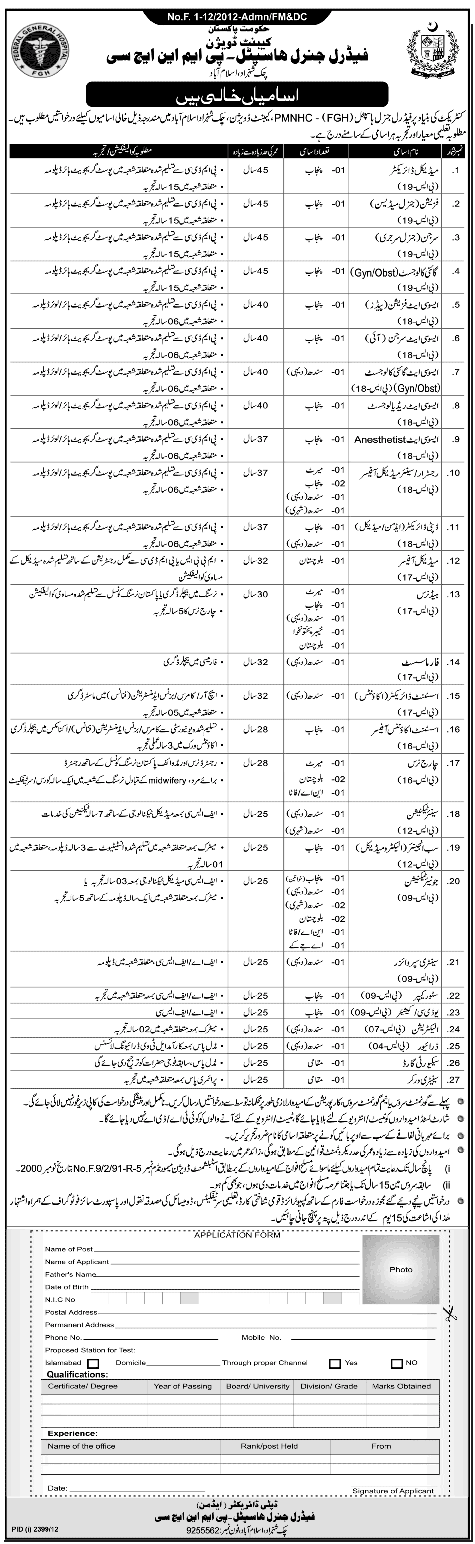 FGH Islamabad Jobs 2012 PMNHC