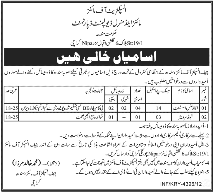 Inspectorate Mines & Mineral Development Department Sindh Jobs 2012