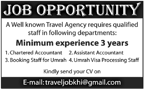 Travel Agency Jobs for Accounting, Booking & Visa Processing Staff