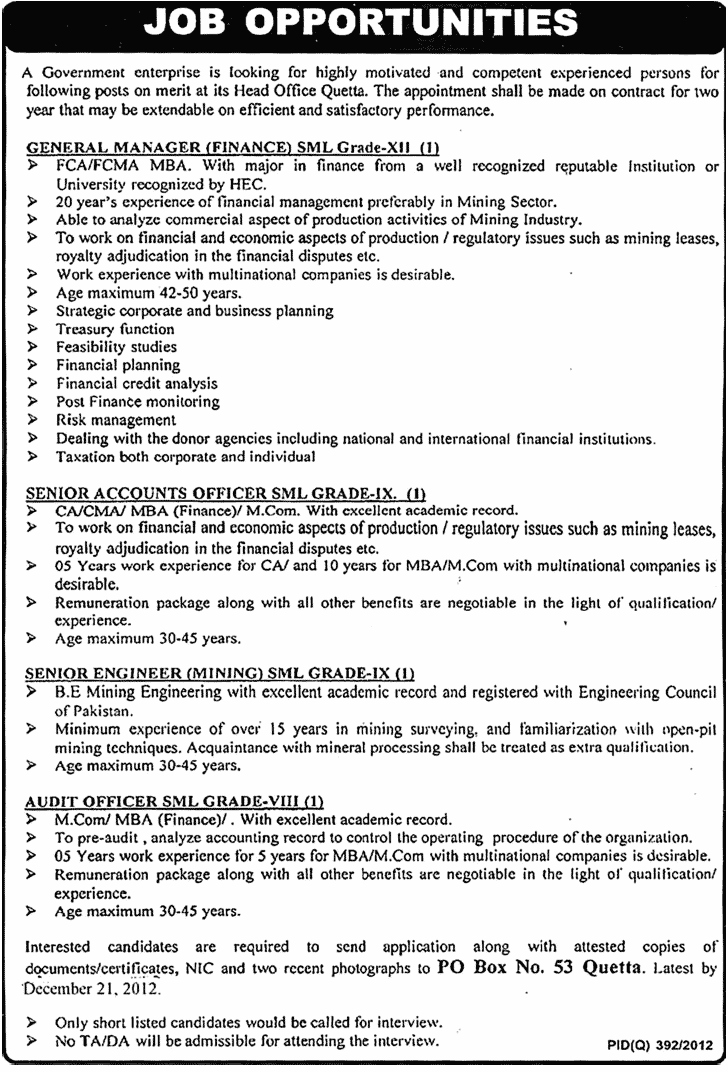 PO Box 53 Quetta Jobs 2012