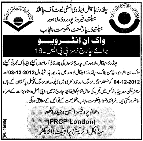 Children's Hospital & The Institute of Child Health Lahore Jobs for Charge Nurses