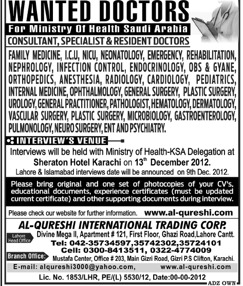 MoH Saudi Arabia Requires Consultants, Specialists & Resident Doctors