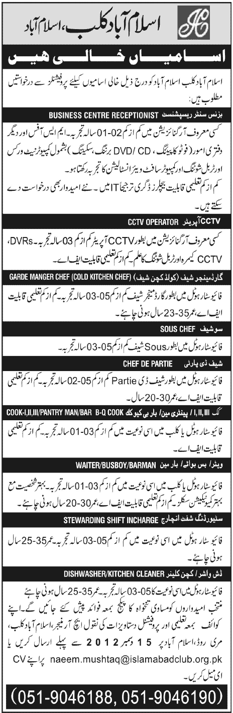 Islamabad Club Jobs 2012 December