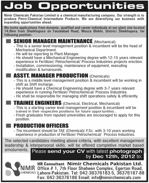 Nimir Chemicals Jobs for Managers, Trainee Engineers & Production Officers
