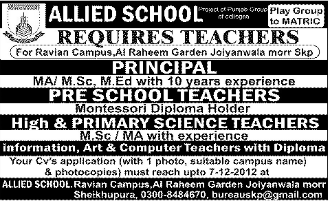 Allied School Sheikhupura Requires Principal & Teachers