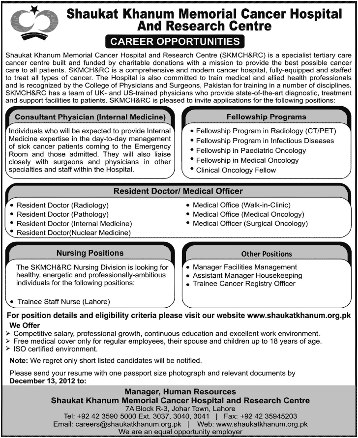 Shaukat Khanum Hospital Jobs 2012